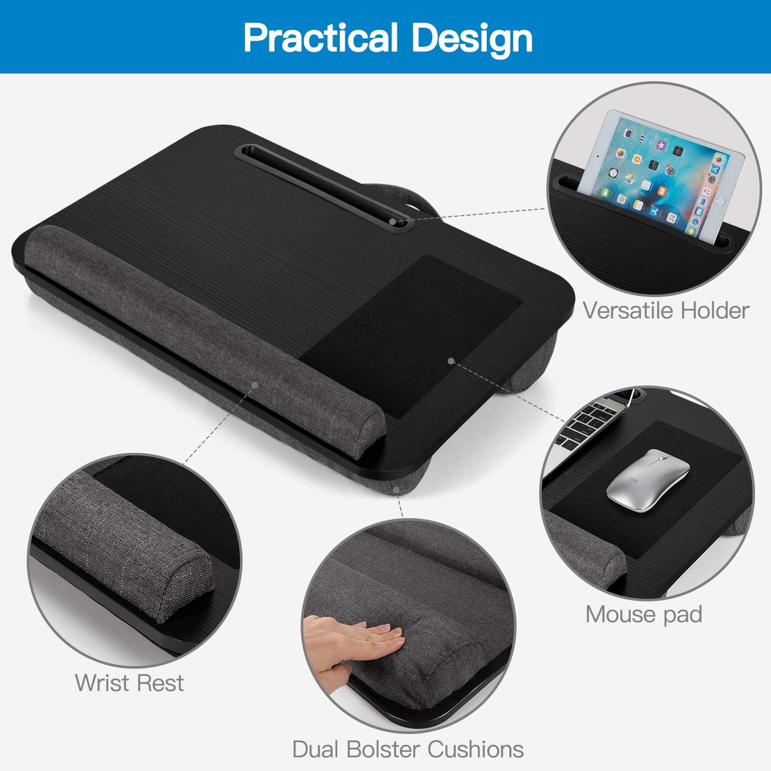 AMERIERGO Lap Desk - Fits Up to 17 Inch Laptop Lap Desk with Dual Cushion, Wrist Rest & Built-in Mouse Pad, Portable Laptop Stand for Sofa & Bed, Multifunctional Slot for Tablet, Pen & Phone : Office Products