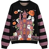 CIDER Oversized Sweaters for Women Halloween Crew Neck Knitted Ghost Pumpkin Striped Pullover Sweater Long Sleeve