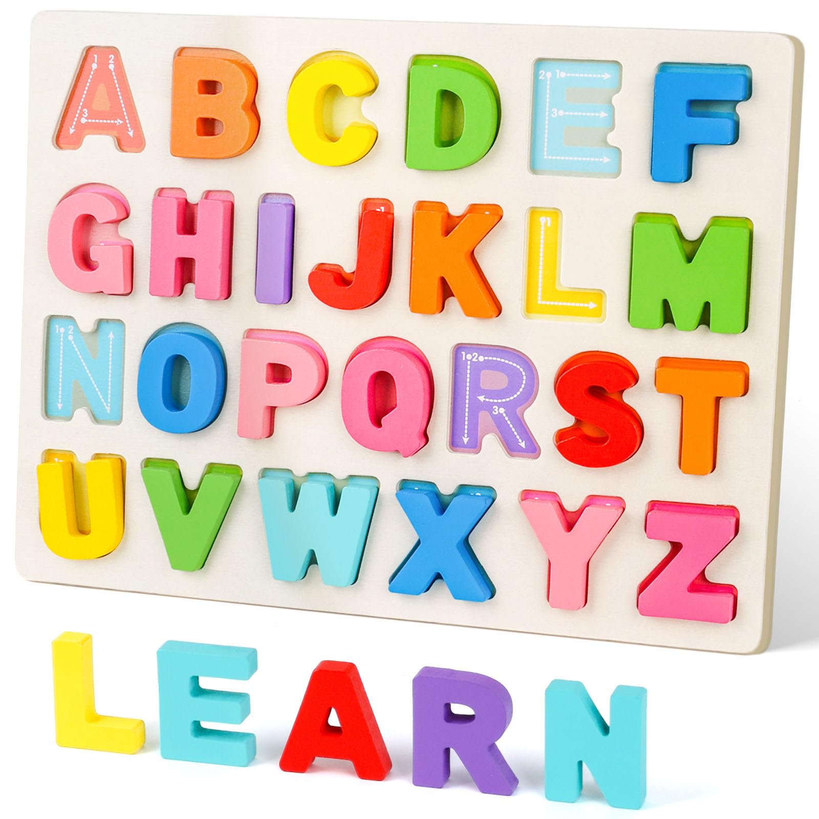 Photo 1 of Amor Present Preschool Learning Toys,ABC Wooden Alphabet Puzzle Board for Toddlers, Educational Montessori Letters Game