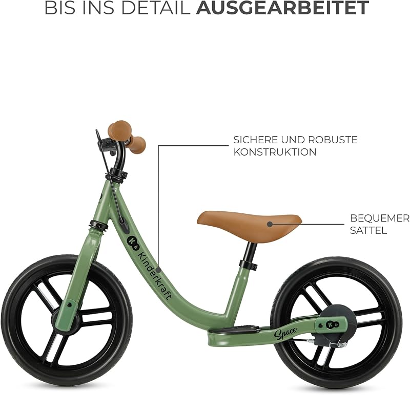 SPACE2 Laufrad, Lernlaufrad, Kinderlaufrad, Höhenverstellbarer Sattel, 12 Zoll Räder, Metall, ab 2 Jahre, Modernes Design, Grün