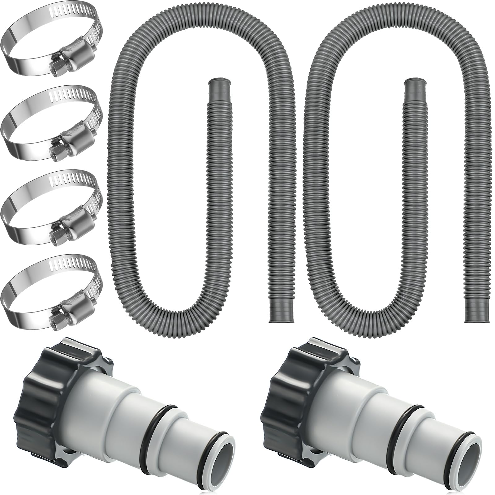 Photo 1 of Saintrygo 2 Pack Thickened Pool Hose for Above Ground Pools 1.5 Inches Diameter 59 Inches Length Replacement Swimming Pool Pump Hose with 4 Pcs Clamps and 2 Replacement Adapter(Grey)