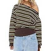 BAIGRAM Women Y2K One Off Shoulder Crop Sweater Vintage Striped Long Sleeve Asymmetric Knit Pullover Preppy Tops Fall Outfits
