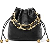 DORIS&JACKY Small Top Handle Bucket Bag, Designer Lambskin Drawstring Crossbody Purse with Chunky Chain Tote Strap