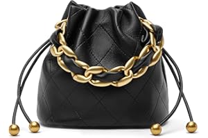 DORIS&JACKY Small Top Handle Bucket Bag, Designer Lambskin Drawstring Crossbody Purse with Chunky Chain Tote Strap