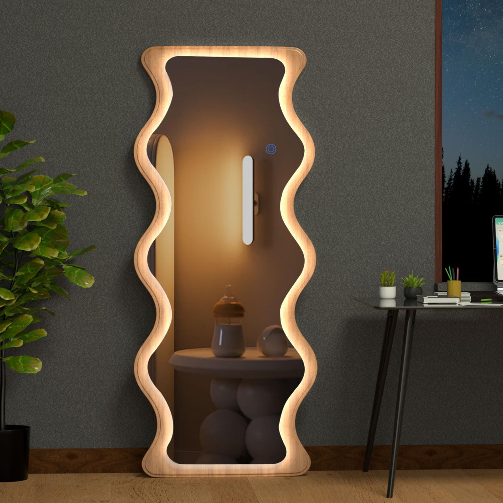 Photo 1 of ** damaged lights, very dim***
COOL2DAY 65" x 24" Led Full Length Mirror Wood Framed Wavy Full Body Mirror with Lights,Shatter-Proof Hanging/Leaning Irregular Wall Mirror Wooden Led Floor Mirror for Dressing Bedroom Living Room