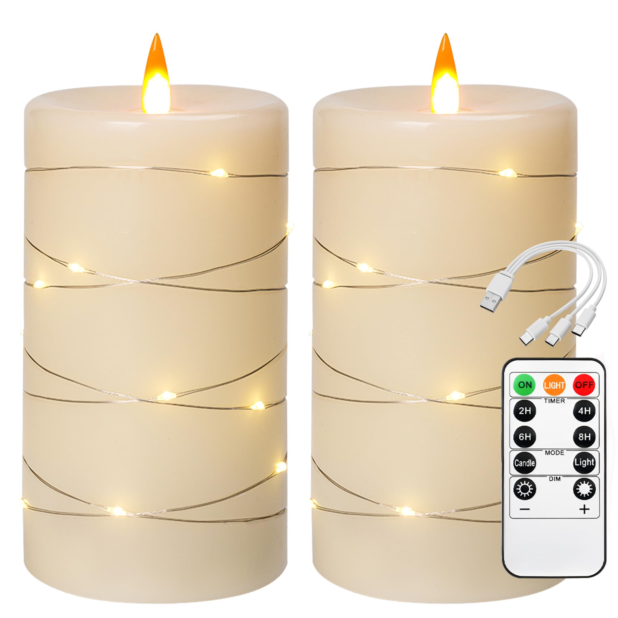 Photo 1 of Rechargeable Flameless Candles, LED Candles, Candles with Remote and Timers, Real Wax Pillar Candles, with Flickering Embedded Star String?Ivory White, Set of 2