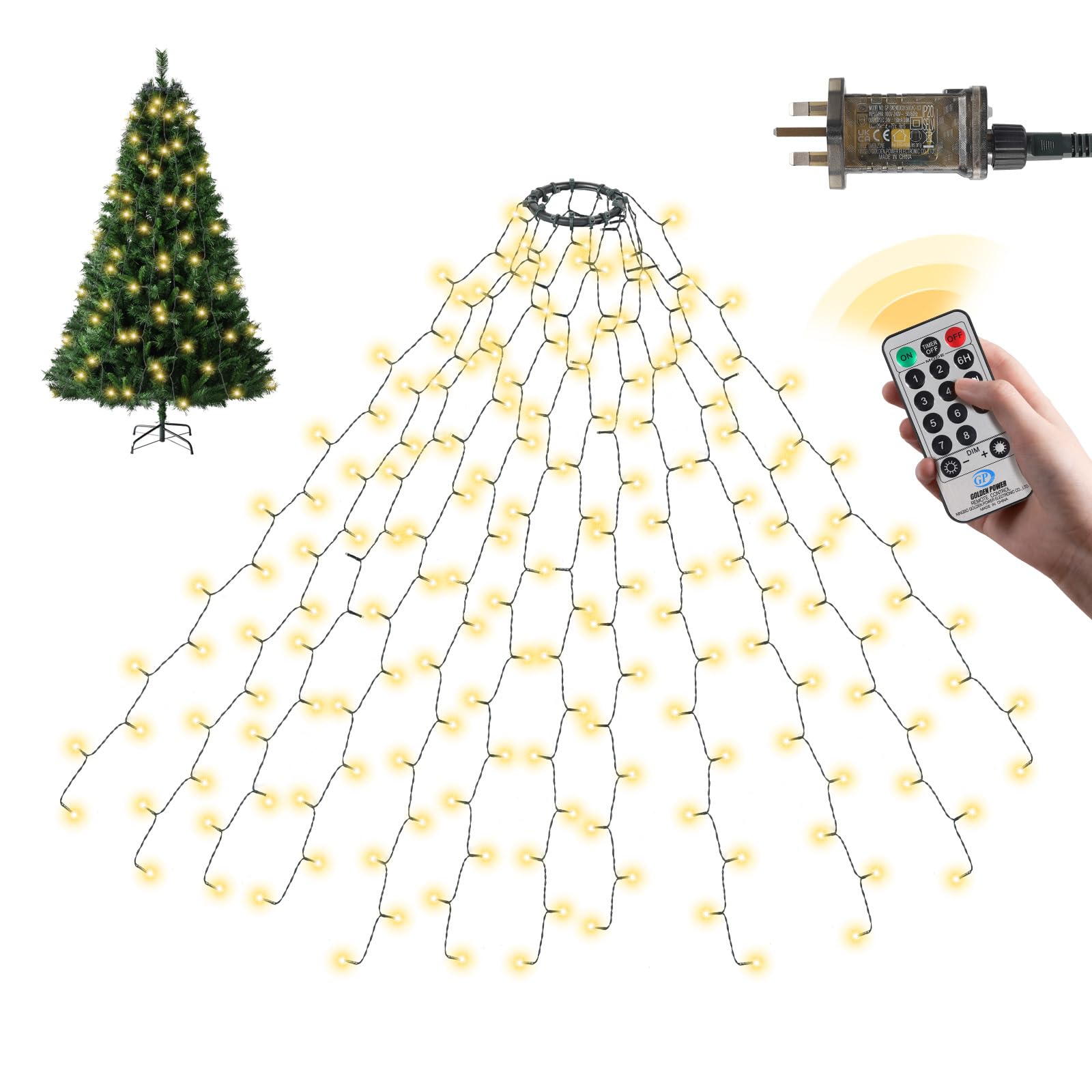 SALCAR Christmas Tree Lights, 2m x 8 Strands 280 LED Fairy Lights for 6-8ft Christmas Tree, Easy to Install, Indoor & Outdoor Decoration, 8 Modes, Warm White (Remote Warm White, 2m)