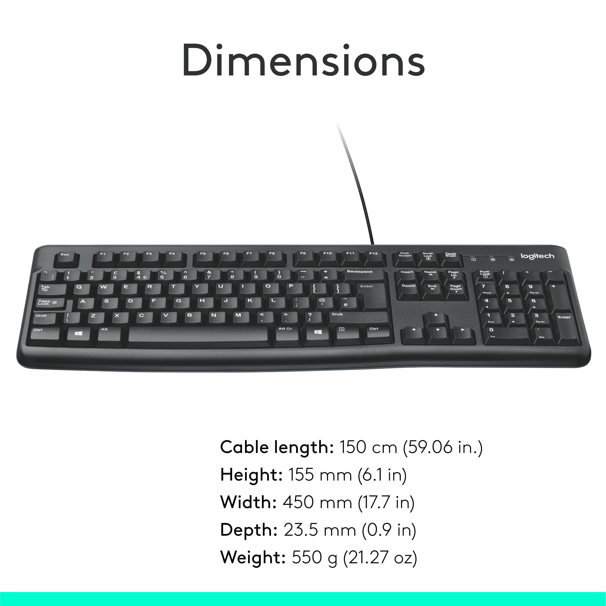 Logitech K120 Wired Keyboard for Windows, USB Plug-and-Play, Full-Size, Spill-Resistant, Curved Space Bar, Compatible with PC, Laptop, QWERTY UK English Layout - Black