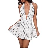 RoseSeek Women's Polka Dots Halter Dresses Backless V Neck A Line Mini Dress Y2K Night Out Clothes
