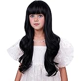 Edivd Black Wig Long Natural Black Wig with Flat Bangs Wavy Curly Wigs Heat Resistant Synthetic Wigs with Cap (Small Size)