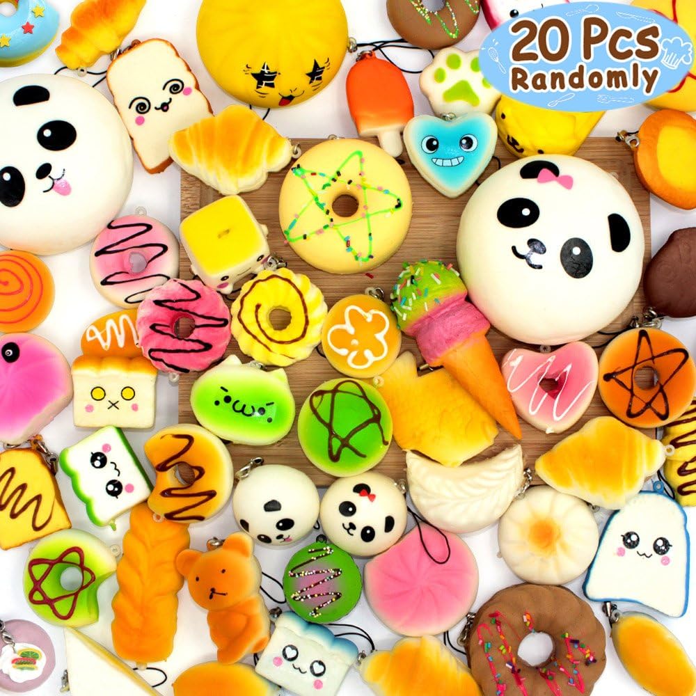 BUDI 20 Pcs Kawaii Squishies Slow Rising Jumbo/Medium/Mini Random Cake Bread Panda Bun with Phone Straps Kids Pretend Play Squishies Charms (Squishies 20Pc)