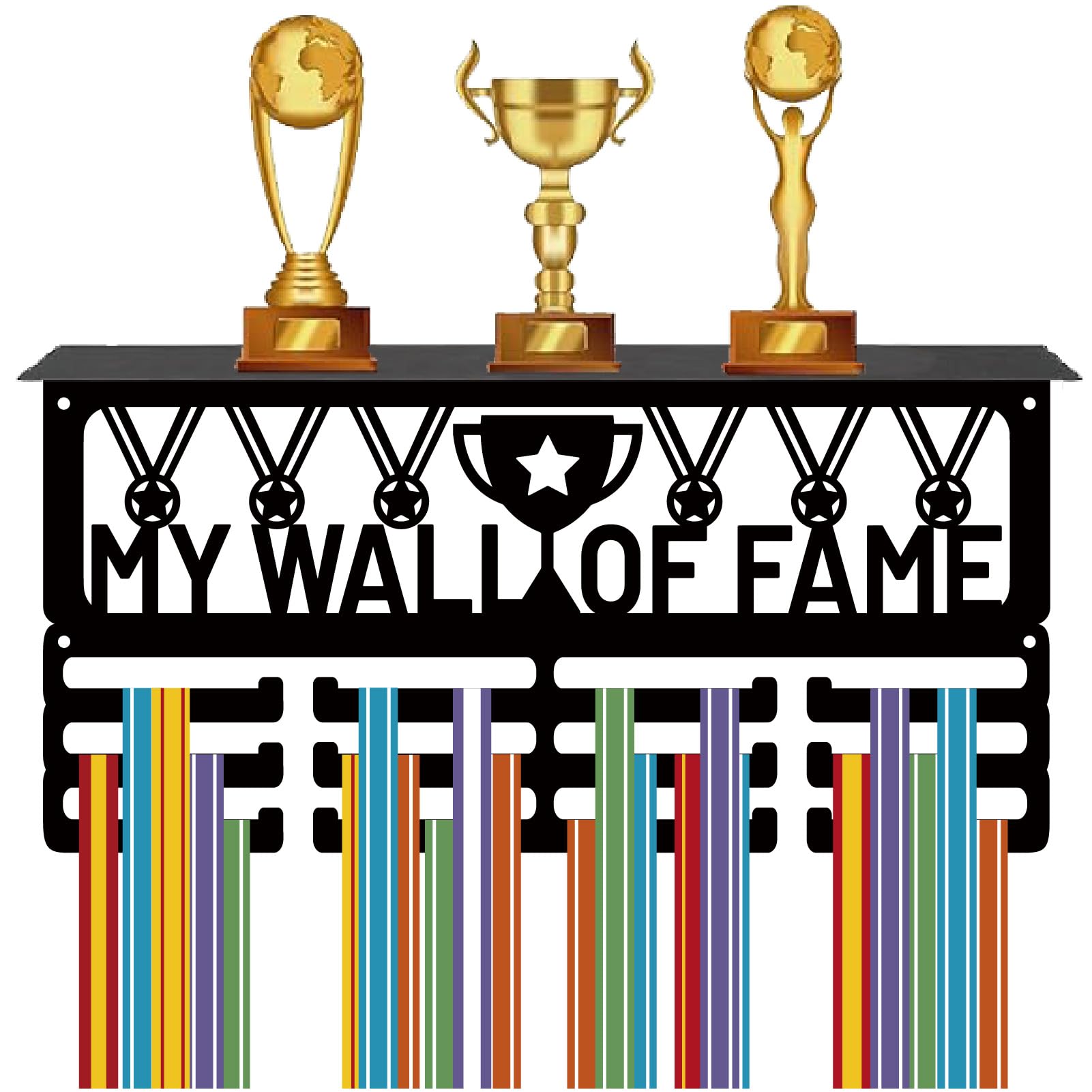 CREATCABIN Medal Holder with Shelf Medal Hanger Display Trophy Shelf Stand Sports 4 Rows Metal Hanging Wall Mount Frame Hold 70+ Medals for Running Ribbon Medals Rack 15.7x7.9Inch-My Wall of Fame