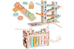 Wooden Montessori Toys for 1 Year Old, Pounding Hammering Toy with Xylophone & Fishing Game, Car Ramp Toy, Stacking Blocks & 