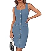 GRACE KARIN 2025 Women's Buttons Belted Square Neck Business Work Dress Sleeveless Bodycon Midi Dress