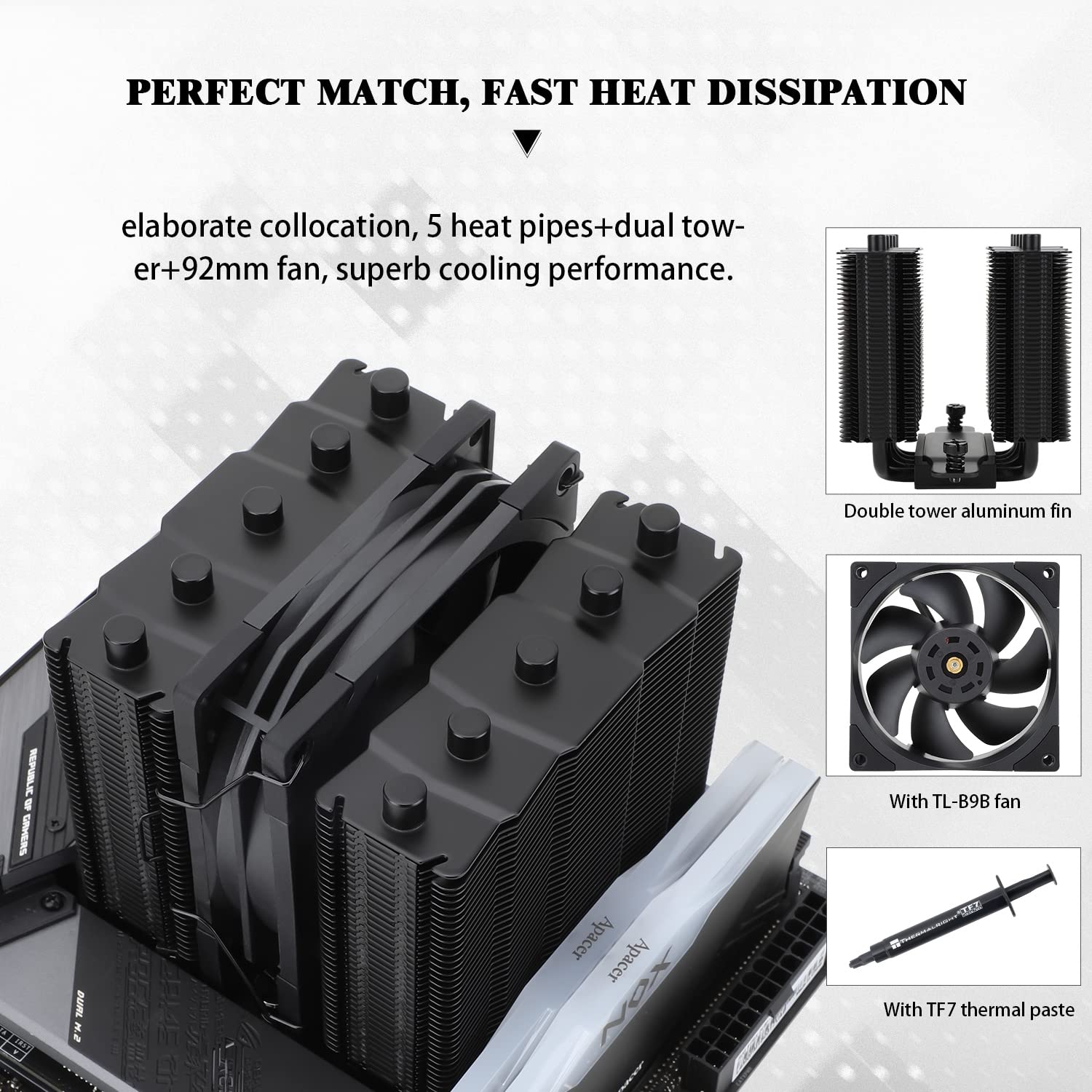 Silver Soul 110 Black Dual Tower CPU Air Cooler, 5x6mm Heat Pipes, TL-B9B PWM Fan, Aluminium Heatsink Cover, AGHP Technology, for AMD AM4/AM5 Intel 1700/1150/1151/1200/2011/2066