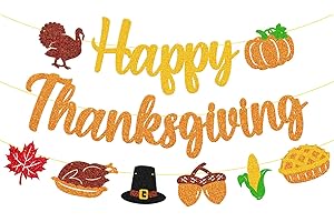 YOYMARR Happy Thanksgiving Banner, Thanksgiving Day Garland Fall Maple Leaves Autumn Turkey Pumpkin Harvest Themed Holiday Party Decoration, Give Thanks Party Supplies
