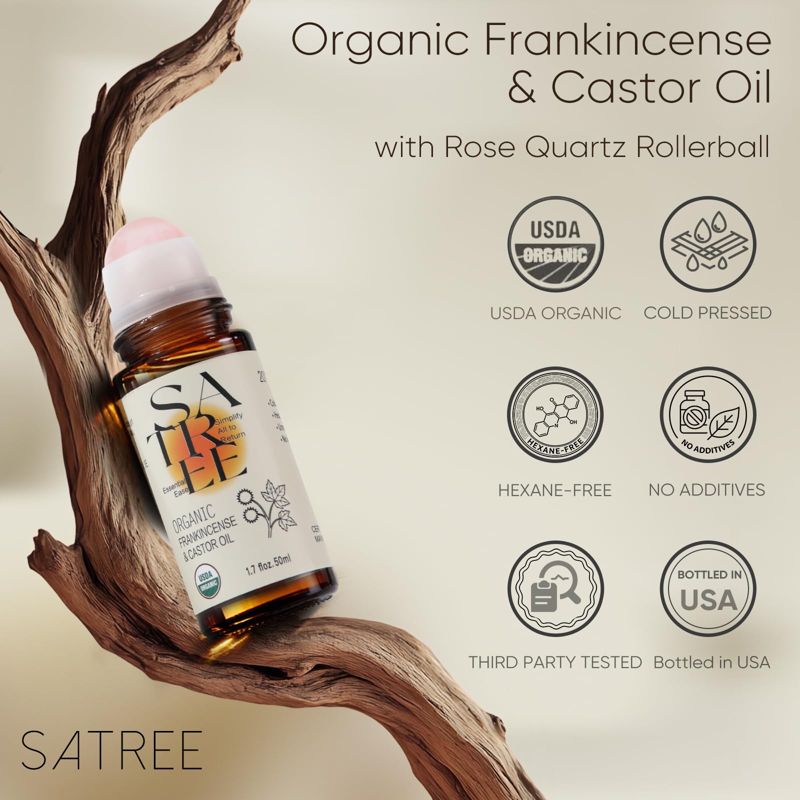 Condition photo showing New/Like New for satree organic castor & frankincense oil with rose quartz rollerball - usda certified essential blen