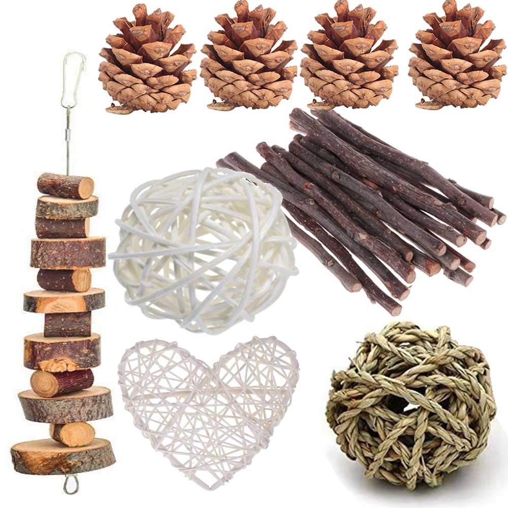 13PCS Rabbit Chew Toys, Pet Bunny Tooth Chew Toys Organic Natural Apple Wood Grass Cake Ideal for Bunny, Chinchilla, Guinea Pigs, Hamsters Teeth Grinding, Bird Exercise Molar