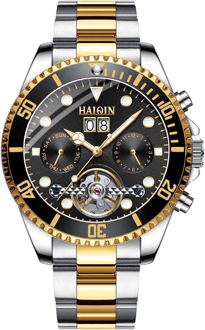 Automatic Men's Mechanical Watches Tourbillon Stainless Steel Analog Waterproof Wrist Watch for Men, Self Wind, Luminous Dial, Business Style