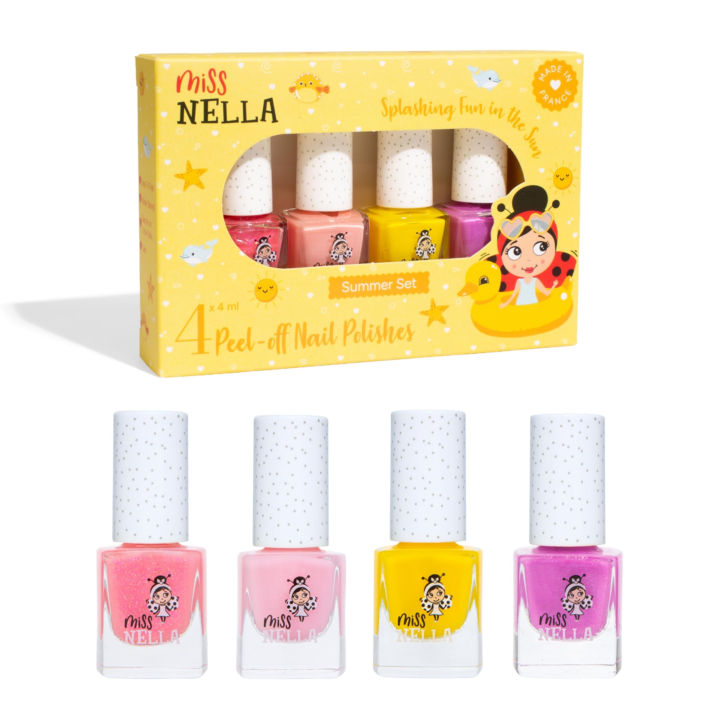Miss Nella SUMMER COLLECTION Glitter, kids Nail Polish set of 4: WATERMELON, BLUEBERRY, PEACH & BANANA Peel-Off varnish for toddlers