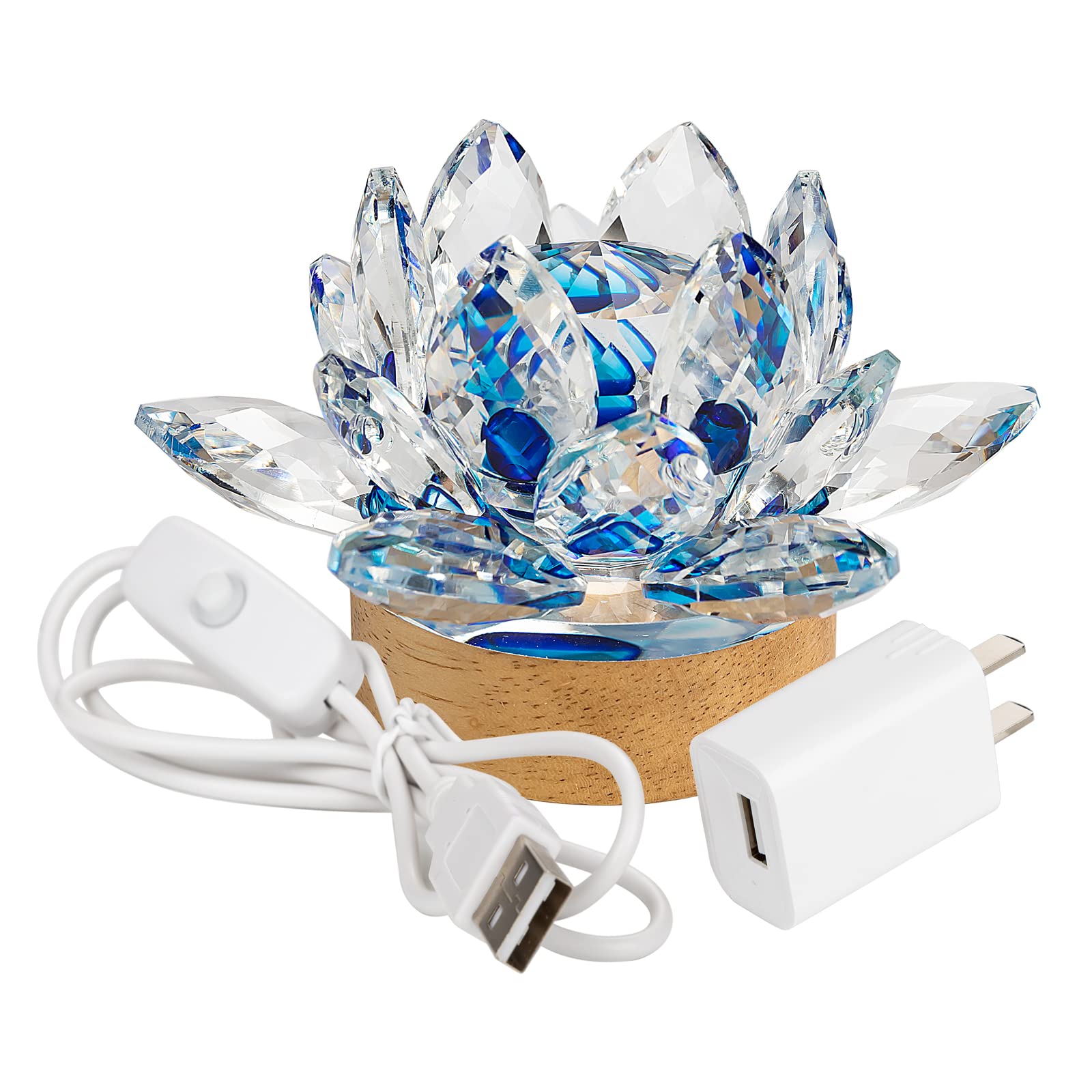 Photo 1 of YUANHEN Blue Small Crystal Lotus Flower Night Light - Wood LED Light Base USB Interface Seven Colors Light 5V1A Charger for Keepsake QCSL
