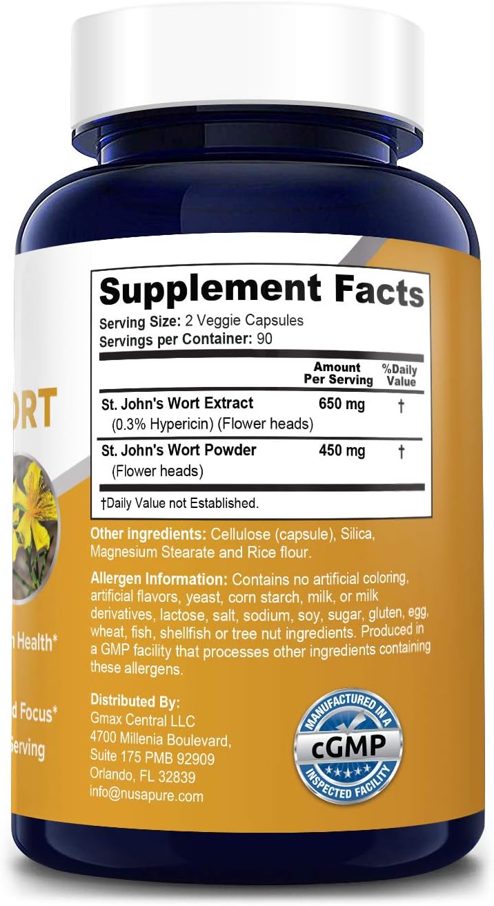 St. John's Wort 1100mg 180 Veggie Capsules (Non-GMO & Gluten Free) 1950mcg Hypericin Saint Johns Wort for Mood, Anxiety & Depression Support (550mg per Capsule): Health & Personal Care