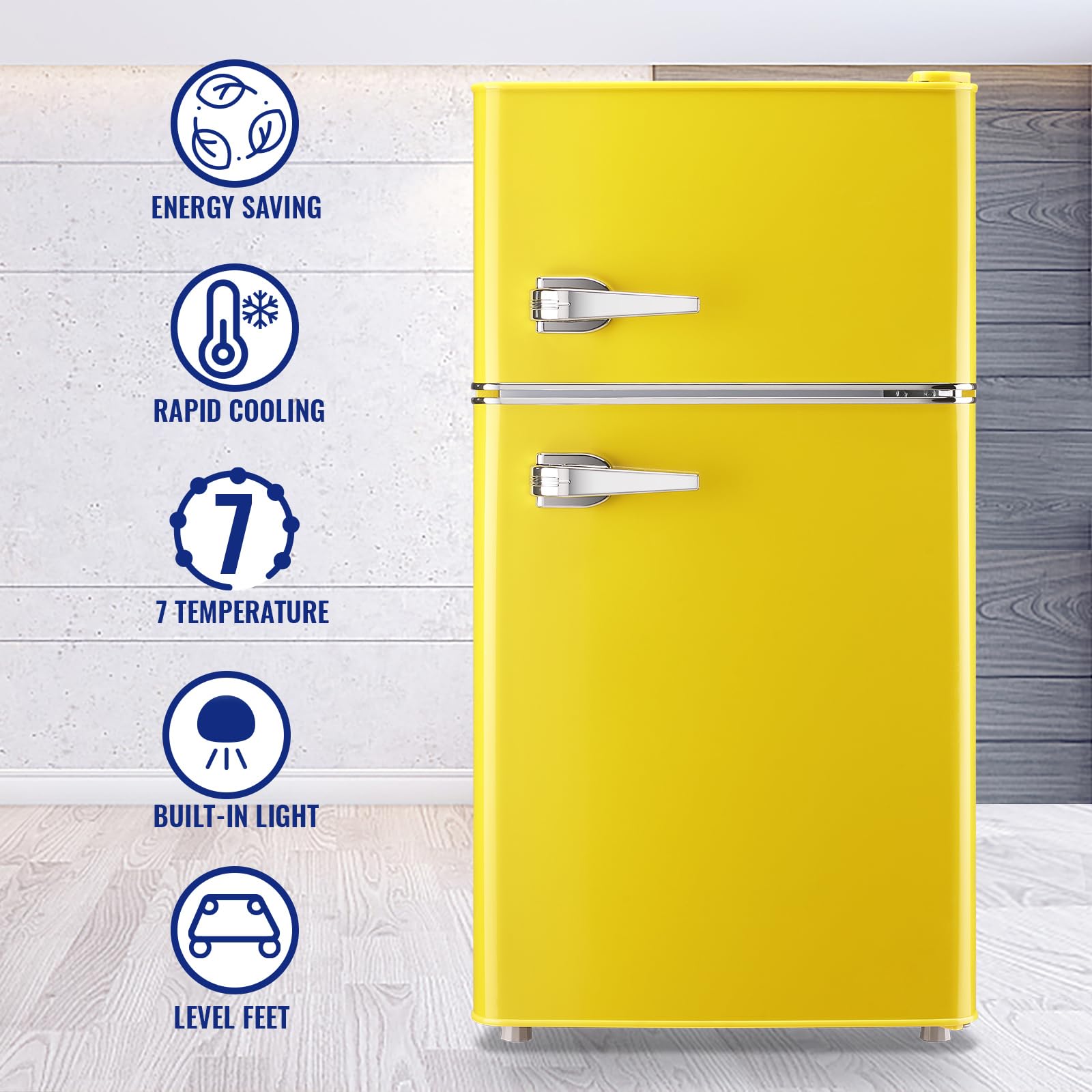 WANAI Compact Mini Refrigerator 3.5 Cu.Ft Small Refrigerator with Freezer, Retro Mini Fridge with Dual Door,7 Adjustable Thermostat, Adjustable Shelves For Dorm, Office Bedroom, Yellow
