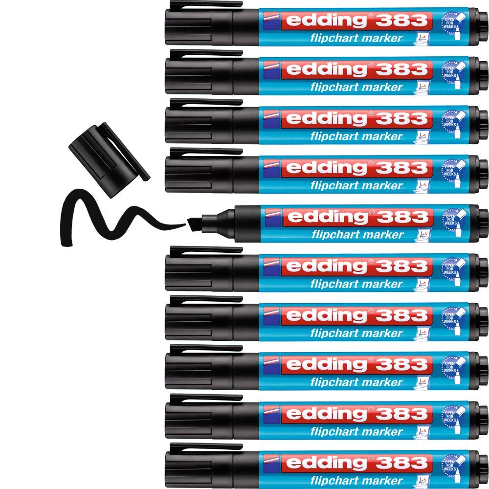 edding 383 flipchart marker - black - box of 10 - chisel nib 1-5 mm - marker for writing, drawing and marking on flipchart paper - does not bleed through - does not dry out — image 1
