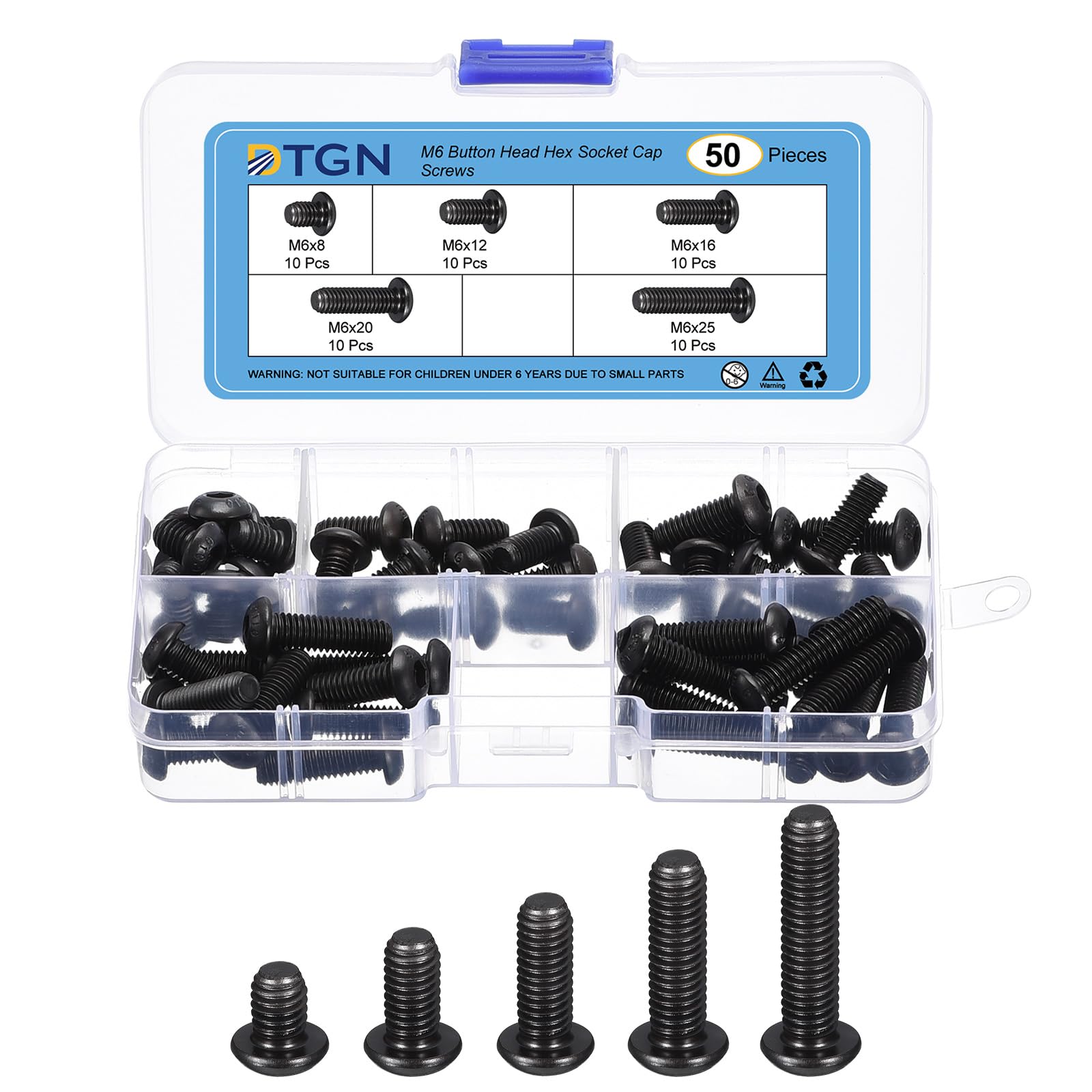 DTGN 50Pcs M6 Button Head Socket Cap Screws Kit - 8/12/16/20/25mm Carbon Steel Black Oxide Full Thread Hex Socket Cap Screw Assortment - Good for Machine, Furniture Repairing