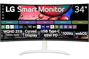 LG 34SR63QA-W 34 inch Smart Curved Monitor with Streaming TV, QHD 1440p, UltraWide Screen, USB Type-C 65W PD, 1800R, webOS, HDR10, 100Hz, Built-in Speaker, AirPlay2, Screen Share, Bluetooth, White