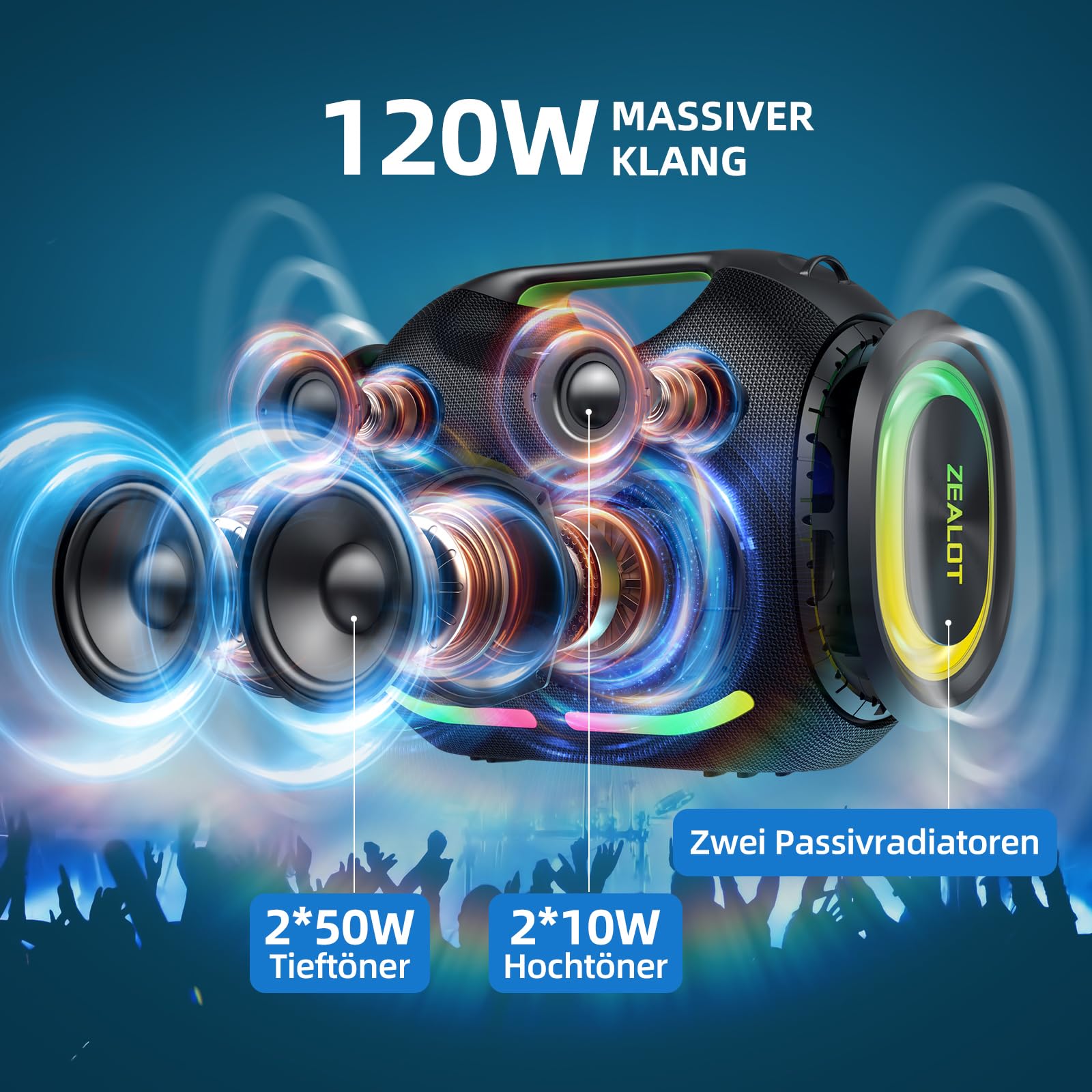 ZEALOT Tragbarer Bluetooth Lautsprecher,150W Peak,BassUp Technologie,120W Stereo Sound,RGB-Lichter,BT 5.3,USB-C,24000 mAh,IPX6 wasserdicht,Lautsprecher für Camping,Strand,Partys 2