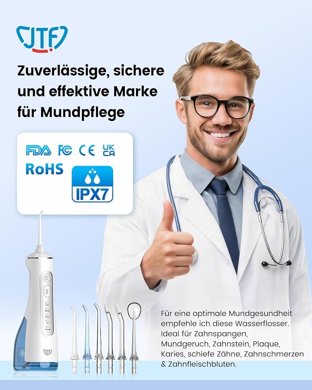 Munddusche Kabellos Elektrische 300ML Wassertank, 10 Stufen Stufenlose Modi Testsieger 2026, IPX8 Tragbar Zahnreiniger Waterflosser & 6 Düsen für Oral Health Enthusiasten Tägliche Pflege(Weiß)