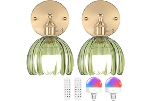 Shenmoyl Vintage Battery Operated Wall Sconce with Cute Green Tulip Glass Lampshade Wireless Rechargeable Battery Powered Wall Light with Remote Control for Bedside Bedroom Doorway, Set of 2