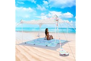 Zeepair Beach Tent Pop Up Sun Shade Canopy Sun Shelter UPF50+ with 4 Stability Poles/Carry Bag/Ground Pegs/Sand Shovel/Windproof Ropes Portable Outdoor Family Sunshade for Beach Camping Fishing Picnic