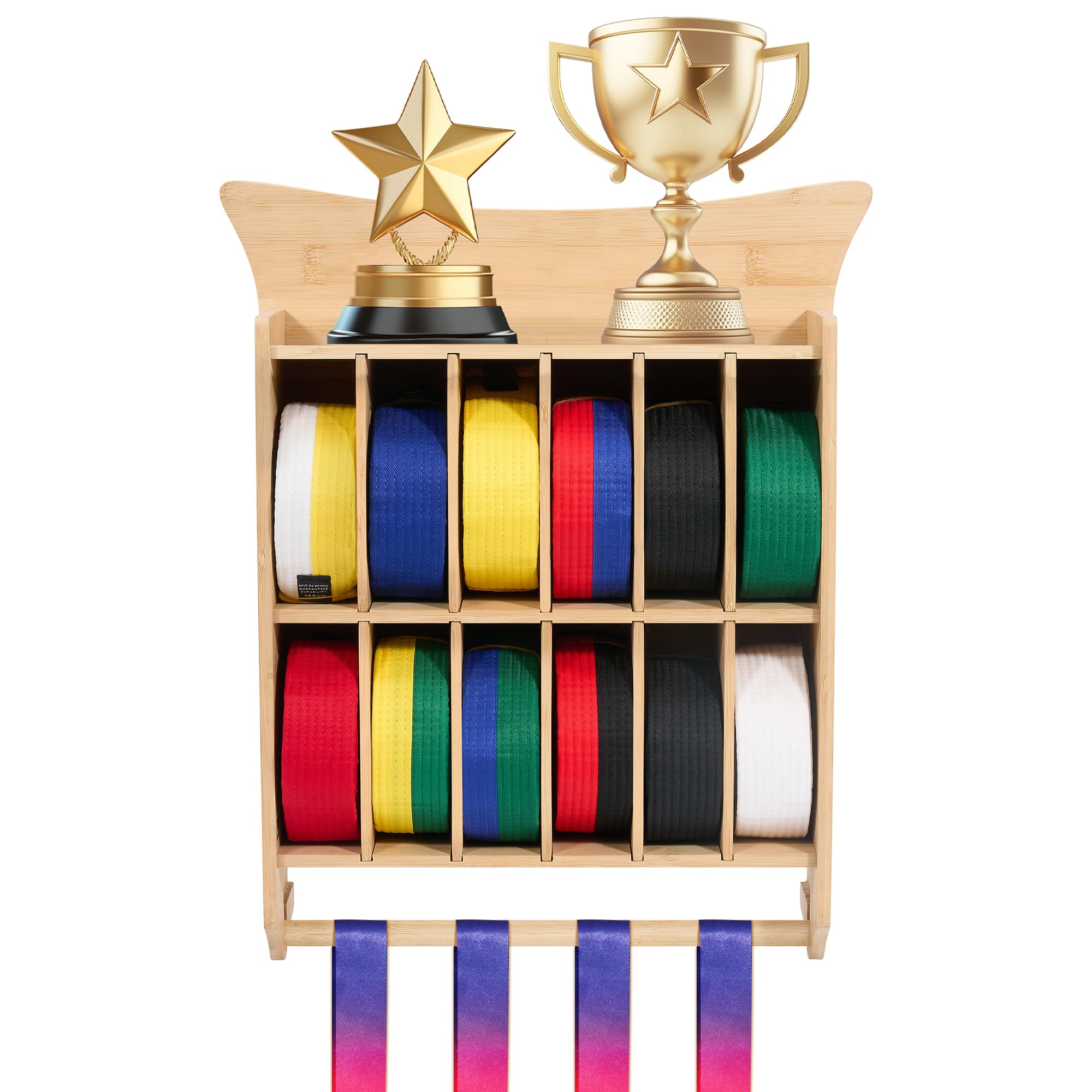 Photo 1 of GENMOUS Karate 12 Belts Display Rack for Kids and Adults, Any Trophy and Medal Organizer, Wall Mounted Taekwondo or Martial Arts Belts Storage, Ideal Achievement Showcase for Home Dojo Decoration