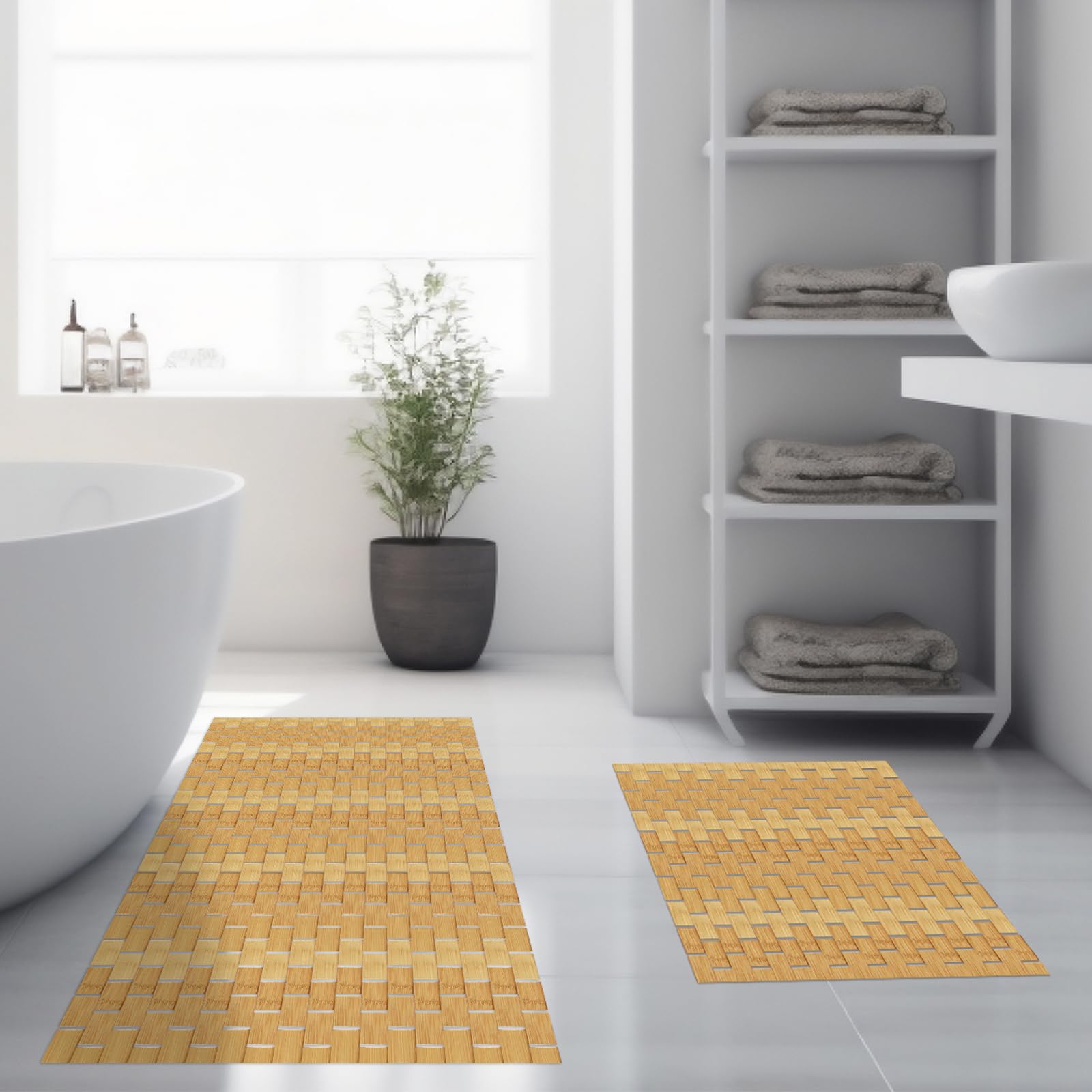 Photo 1 of Barydat 2 Pcs Bathroom Bamboo Bath Mat Set Long Large Bathtub Non Slip Bamboo Shower Mat Floor Wooden Rug Waterproof Bathmat for Bathroom Accessory Spa Kitchen Outdoor, 16 x 48 Inch and 16 x 24 Inch