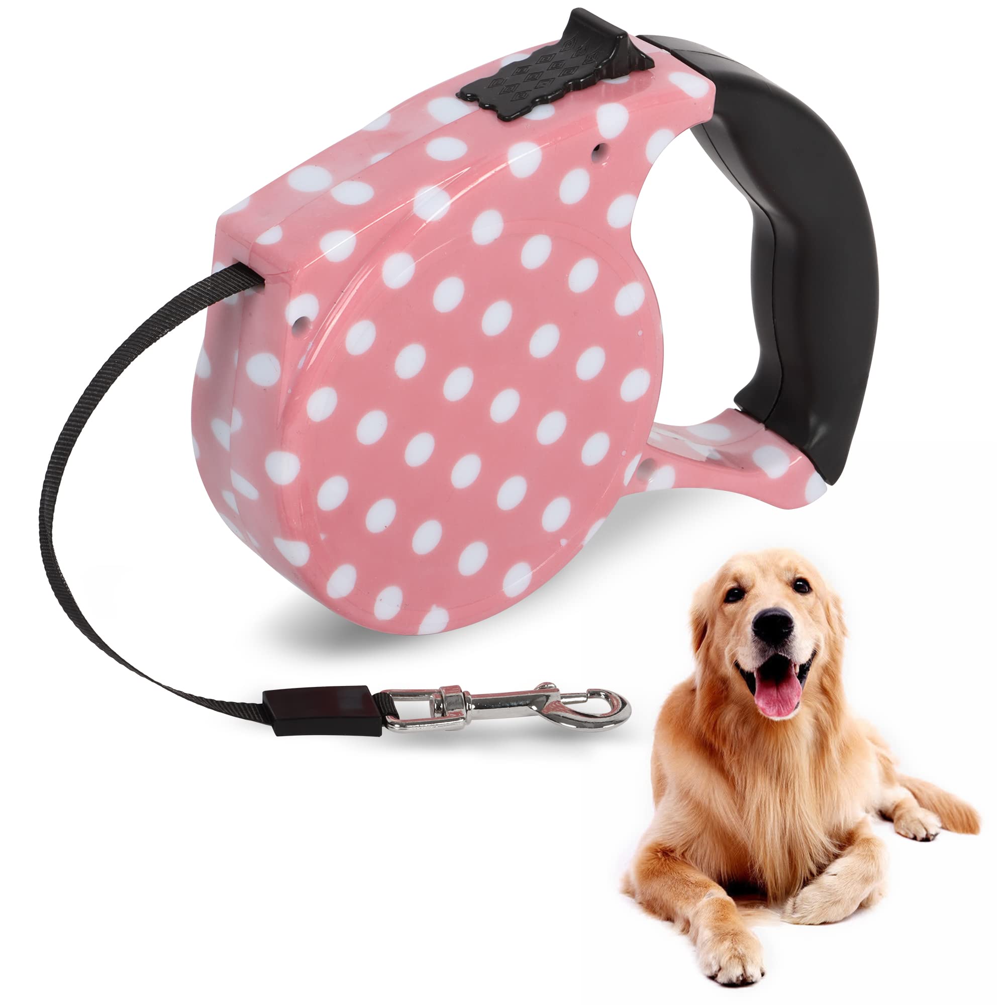 Beaface Retractable Dog Lead Extendable 16ft/5M, Retractable Dog Leads for Small Medium Dogs Up to 25KG, Extendable Dog Leads with Anti-Slip Handle, Anti-Tangled Strong Nylon Tape (Pink White Dot)