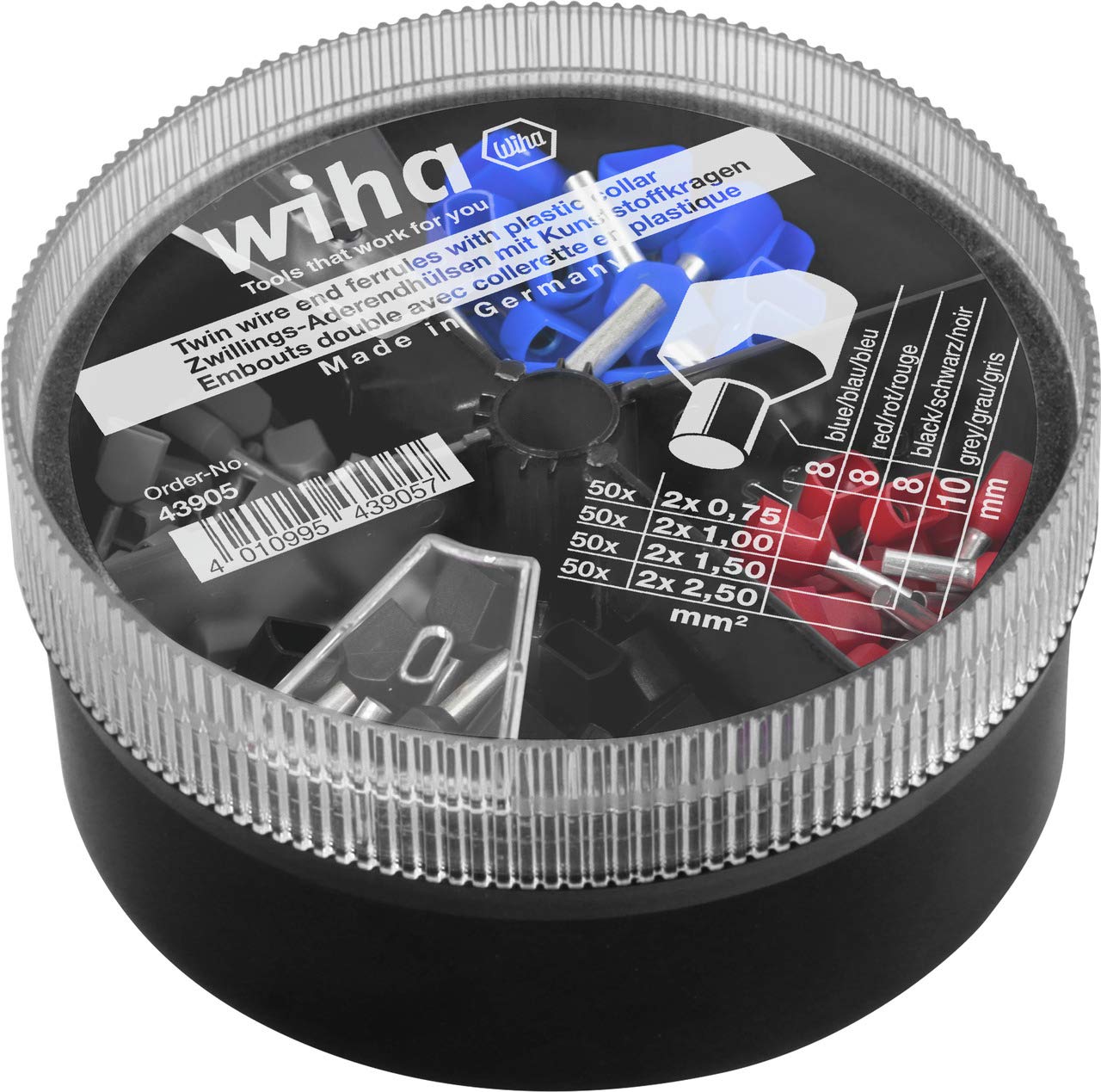 Wiha WIH-43900 43900-Extremo del Cable gemelo con Cuello de plástico, juego Ref. C000A400, Black