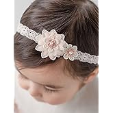 ICKEYOU Baby Girls Hairbands Lace Flowers Headband Handmade Soft Stretchy Colorful Flower Hairband Newborn Headbands with Pearls Elastic Hairbands for Infant Head Band (Two Pink Flowers)