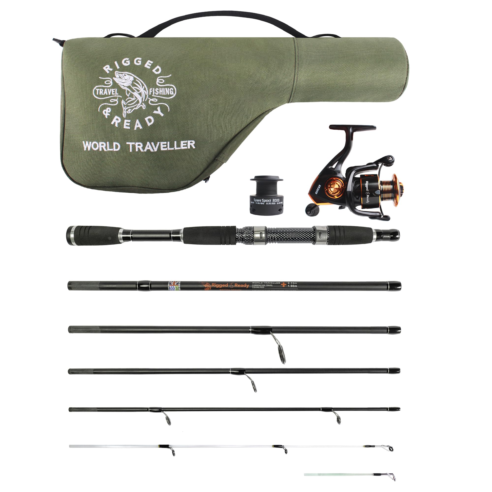 Rigged and Ready World Traveller Rod Reel Case Combination + 2 tips 215+190cm (7'+6') Angling Travel Pole. Spin Bait Carp Pike Freshwater Saltwater Sea Fishing