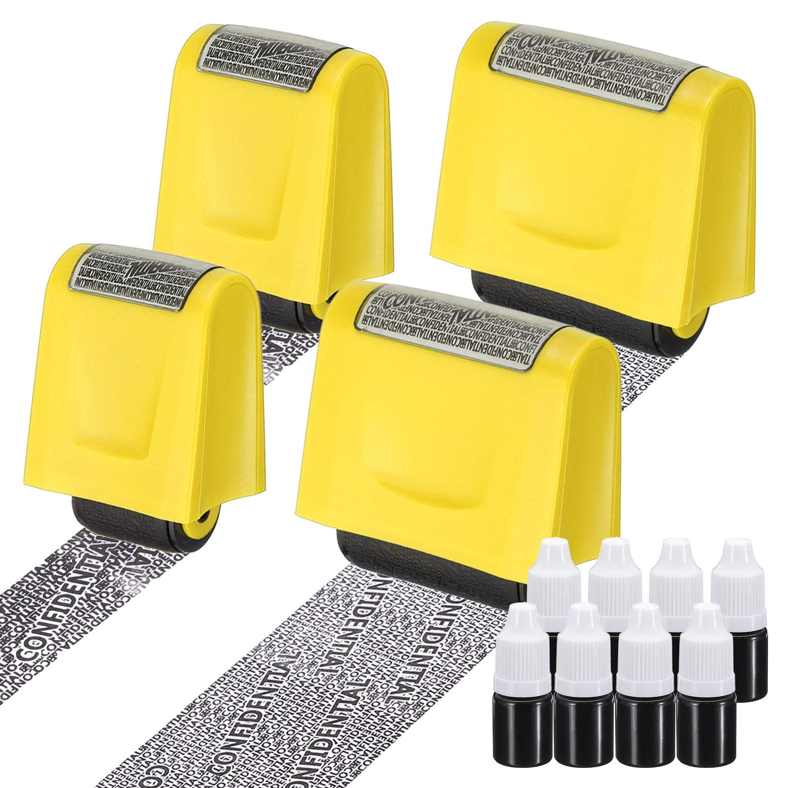 PATIKIL Identity Theft Protection Roller Stamp, 4Pcs 0.7/1.7" Confidential Roller Stamp Privacy ID Police Stamp Roller for Security ID Address with 8Pcs Refills, Yellow