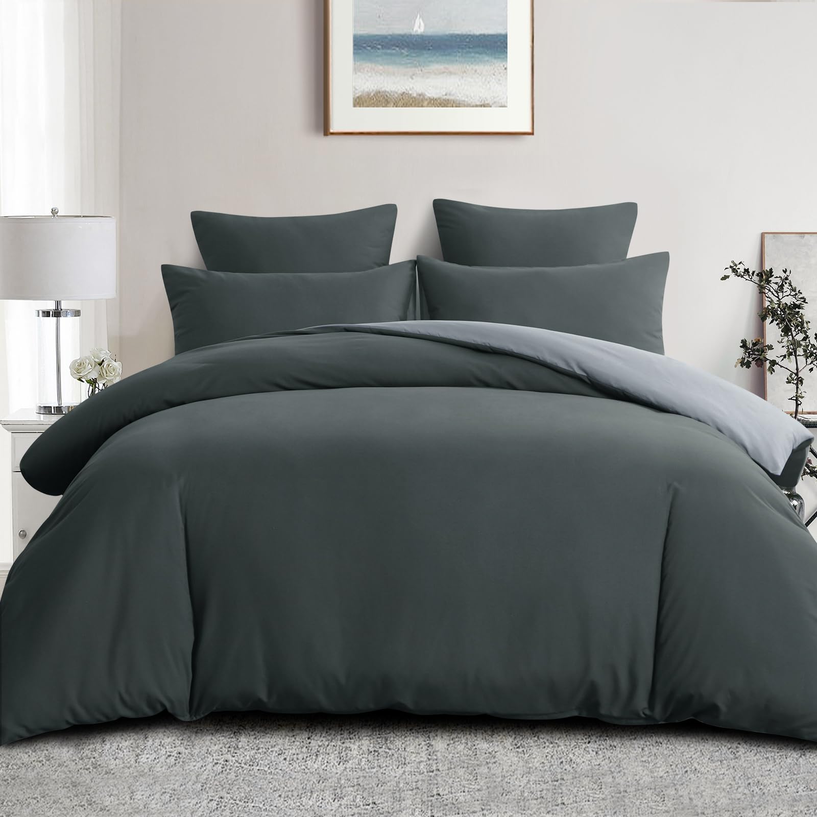Aisbo Super King Size Duvet Cover Set - 3Pcs Reversible Bedding Bed Set Dark Grey and Light Grey Superking Soft Brushed Microfiber Quilt Cover with 2 Pillowcases 50x75cm