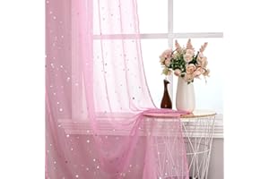 WUBODTI Pink Semi Sheer Curtains for Girls Room 63 Inches Long 2 Pack, Silver Star and Moon Patterned Transparent Curtain Cute Voile Curtain for Kids Bedroom Nursery Baby Decor Bed Canopy