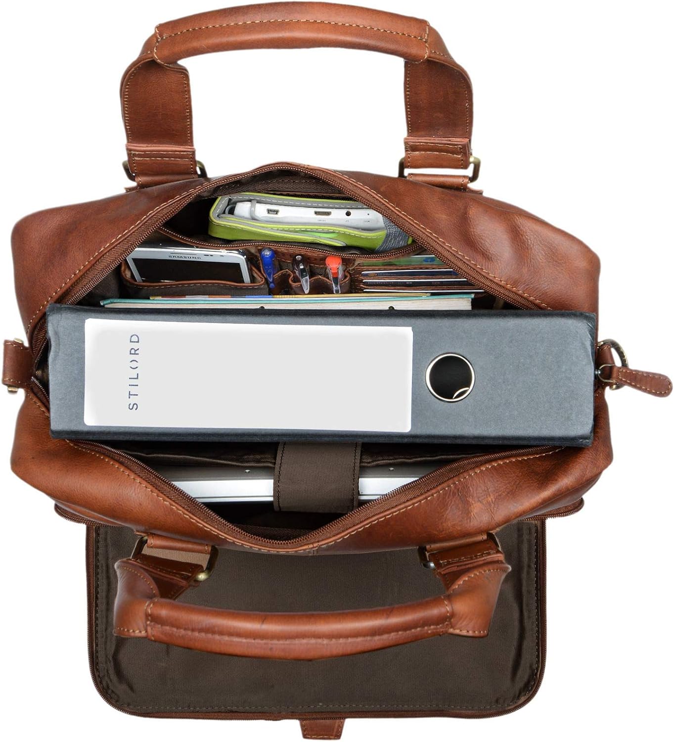 STILORD "Jon" Vintage Shoulder Bag Leather Men Women Laptop Bag 15.6 inch A4 for Work University Business Briefcase in Genuine Buffalo Leather Colour:Cognac-Brown - Image 4
