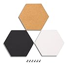 3-Pack Cork Bulletin Boards - Hexagonal Decorative Tiles in 3 Different Colors - Includes 6 Push Pins - Perfect for Pinning Reminders in your Kitchen, Office or Classroom, 7.8 x 7.8 x 0.2 Inches