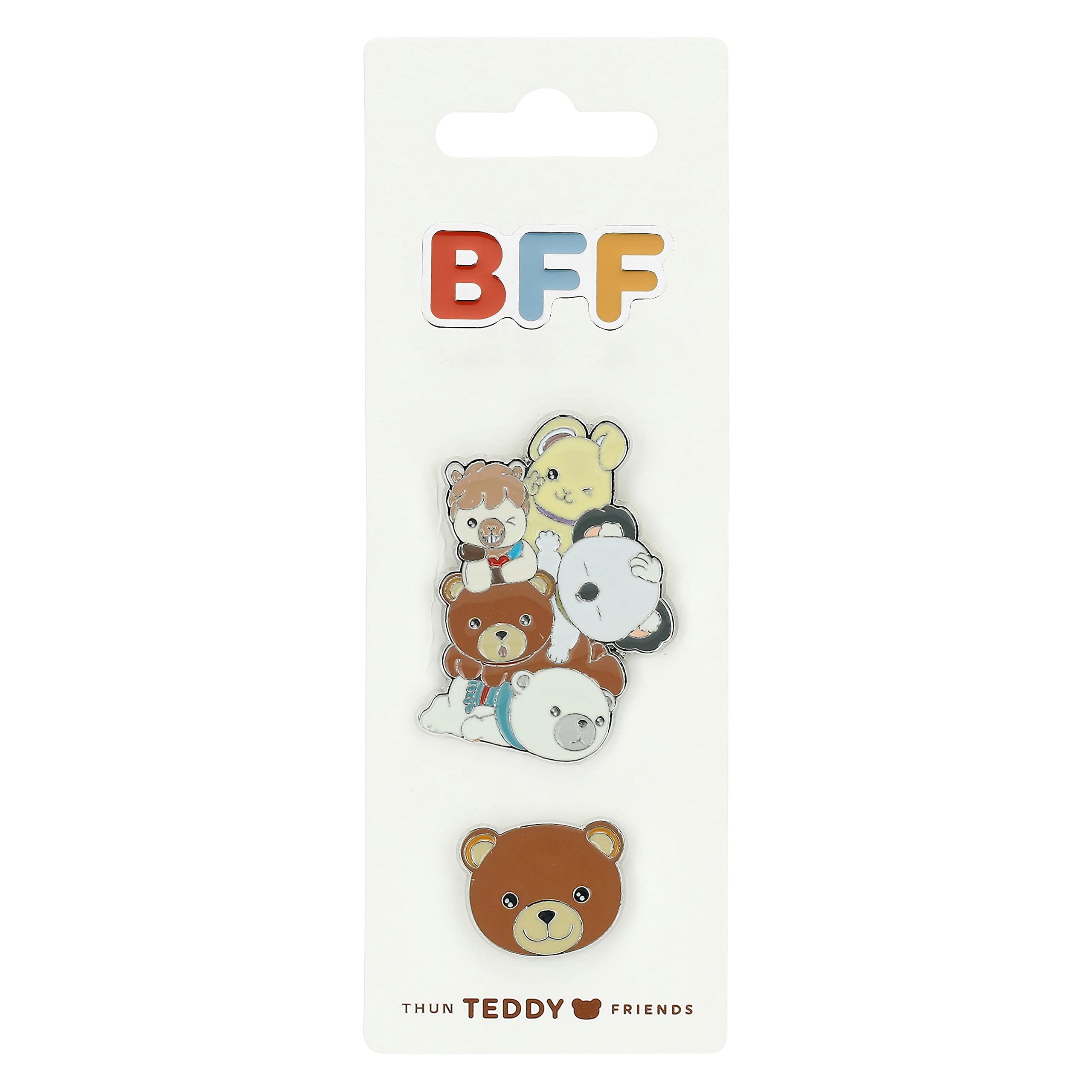 Thun - Set of 3 Teddy Friends Pins - Enamel Zinc Alloy - Teddy: 2.2 x 0.1 x 1.8 cm h; Sydney: 2.8 x 0.0 x 2 cm h; Paul: 2.2 x 0.1 x 1.8 cm h; Juan: 1.7 x 0.0 x 2 cm h; Joh y: 0.7x0 x 2 cm H