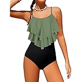 Tomolant Girls Swimsuit Color Block One Piece Swimsuit 2-Tiered Ruffle Bathing Suit Adjustable Strap Girls' Swimwear 7-16Y