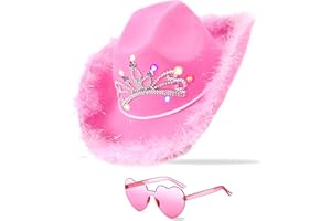 JICASTO Cowboy Hat Pink Cowgirl Hat with Sequins & Tiara Crown for women Rodeo Party Hats with Heart Glasses