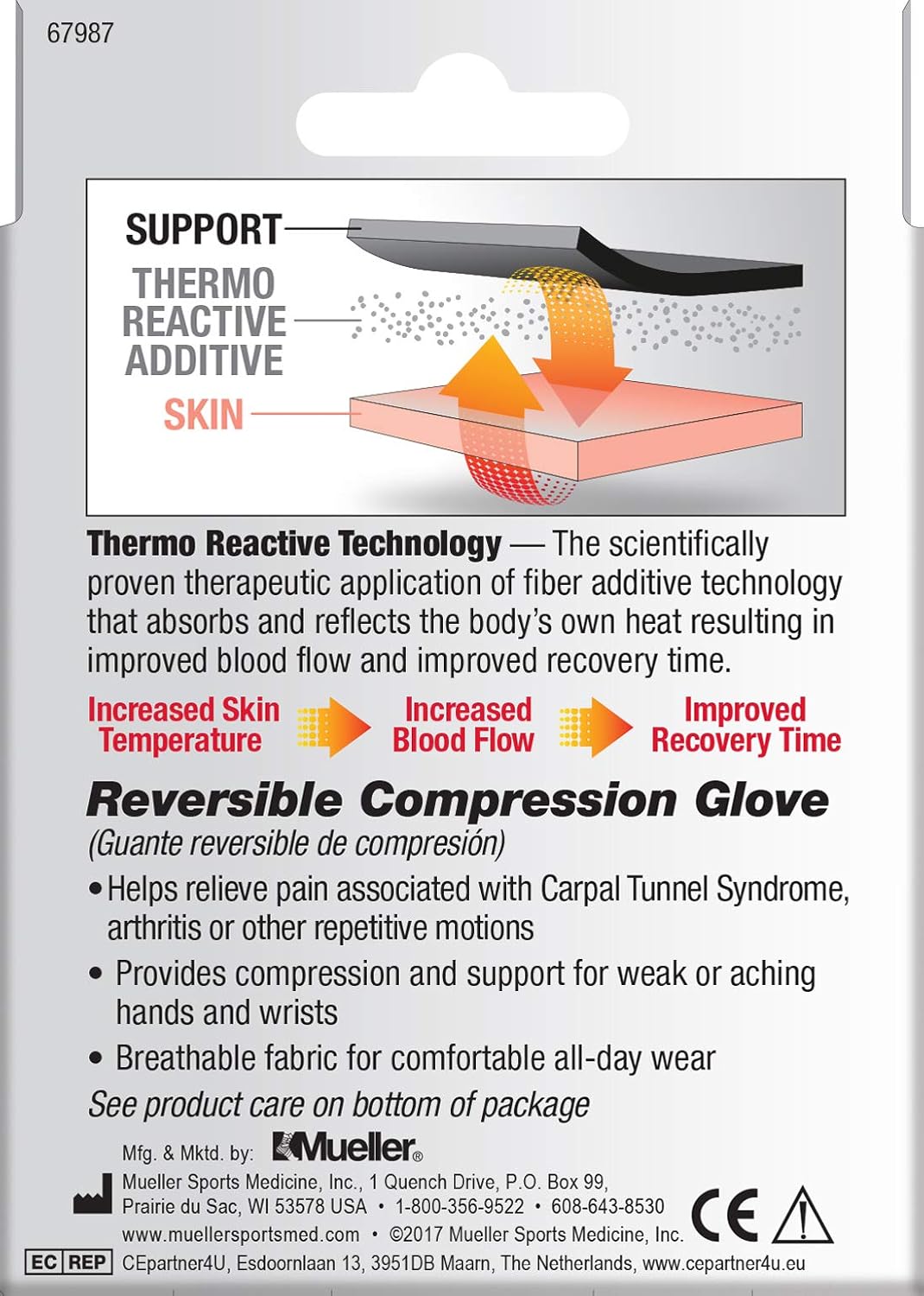 Mueller Reversible Compression Glove with Thermo Reactive Technology, OSFM, Black: Health & Personal Care