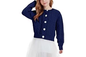 Hvididan Girls Cardigan Long Sleeve Chunky Cable Knit Cardigan for Girls Button Front Uniform School Sweater 5-14Y